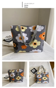 Detail views of large floral canvas tote bag with orange and yellow prints