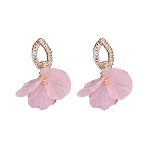 Elegant pink flower petal earrings with sparkling cubic zirconia studs on white background