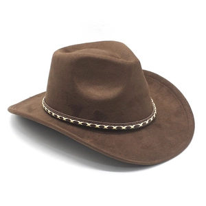 Detail of a brown suede cowboy hat featuring a classic wide brim and woven decorative band