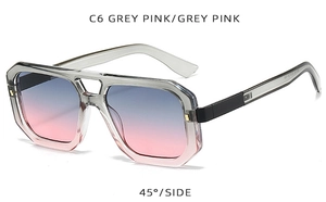 Detailansicht der transparent grauen quadratischen Sonnenbrille mit Verlaufsgläsern