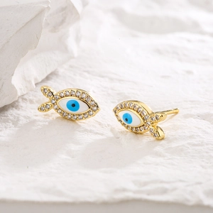 Evil eye fish stud earrings in 18K gold plating with cubic zirconia and blue enamel