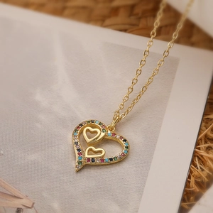 18K gold plated necklace featuring double heart pendant with colorful zircon stones