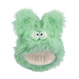 Close-up of fluffy green plush headband with cute big eyes and soft texture