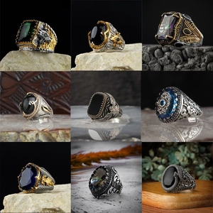 Men Adjustable Ring Vintage Copper Inlaid Gemstone Ethnic Punk Embossed Pattern Fashion Jewelry Accessory Gift