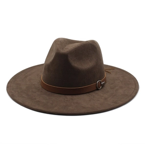 Classic dark brown suede fedora hat with wide brim and decorative leather band accent