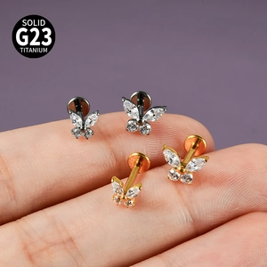 G23 titanium butterfly lip and cartilage studs with marquise zircon in gold and silver
