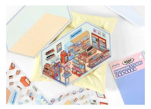 Macro detail of DIY 3D supermarket scene stickers with miniature grocery shelf elements