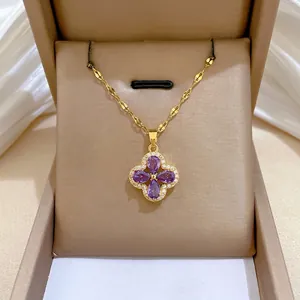 Gold titanium steel necklace with purple amethyst four-leaf flower pendant and zircon