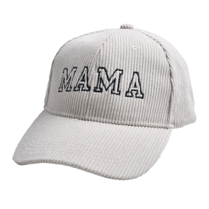 Detailed view of MAMA embroidered corduroy baseball cap with high-quality ribbed texture