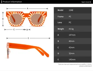 Detailed dimension chart showing sizes and specifications for square fashion sunglasses