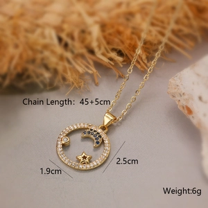 Macro detail of 18K gold plated celestial pendant necklace with dimensions and size specs