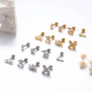 Set of gold and silver stainless steel cartilage studs with cubic zirconia in various styles