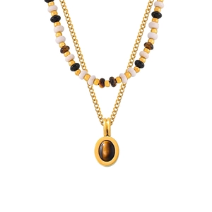 Tiger Eye Stone Pendant Layered Necklace Vintage Natural Stone Beaded Chain Stainless Steel Jewelry For Women