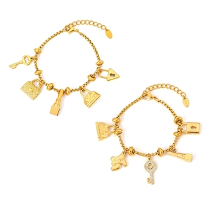 Gold-plated stainless steel charm bracelet with rhinestone key and heart lock charms