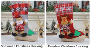 Detail of Christmas stockings featuring 3D snowman and reindeer plush designs with hanging loops