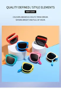 Detailed view of portable folding kids sunglasses in multiple bright colors and frames