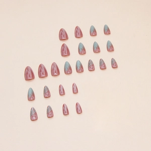 24pcs almond shaped press-on nails with pink and grey-green geometric pattern