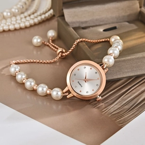 Orologio Da Polso Al Quarzo Donna Bracciale Künstliche Perle Sintetiche Lega Cinturino Regolabile Quadrante Strass