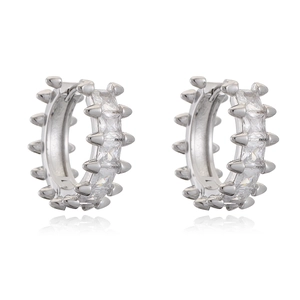 Silver-plated fishbone hoop earrings with sparkling cubic zirconia in punk style