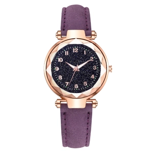 Starry sky dial ladies watch with purple leather strap and rose gold case for women