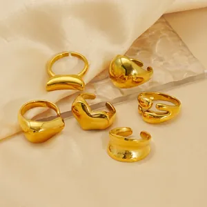 Stainless Steel Ring 18K Gold Plated Adjustable Open Heart Irregular Molten Minimalist Jewelry For Women