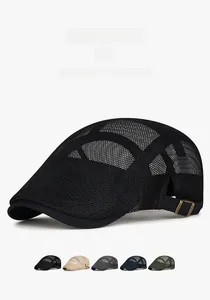 Detail of breathable mesh beret caps available in five colors with adjustable metal buckles