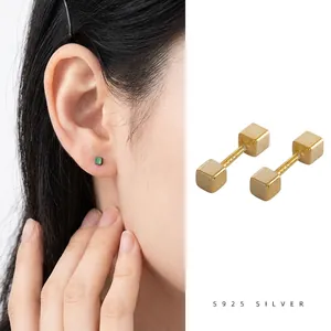 Boucles D'oreilles Puces En Argent Sterling 925 Cube Géométrique Minimaliste Fermoir À Vis Unisexe