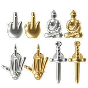 Set of 8 stainless steel studs featuring hand gestures, Buddha, and sword motifs in gold and silver