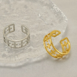 Minimalist stainless steel open rings with hollow cross design in gold and silver finish