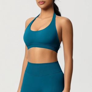 Ensemble soutien-gorge de sport dos nu et legging de yoga bleu paon à taille côtelée