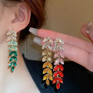 Gradient leaf tassel drop earrings with sparkling crystals for elegant women