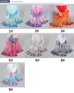 Detail view of floral peony print chiffon scarves in multiple colors for women