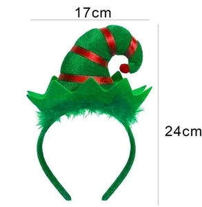 Christmas elf headband in green felt with red stripes and 17cm by 24cm size markings
