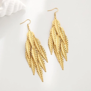 Elegant 18k gold plated stainless steel multi-layer leaf tassel drop earrings for women