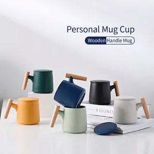 Matte Ceramic Mug With Beech Wood Handle And Lid Modern Minimalist Coffee Cup Heat Resistant Tea Drinkware
