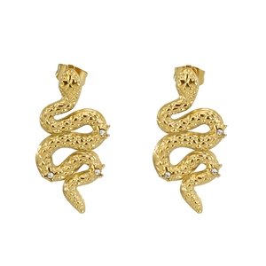 Elegant 18K gold-plated stainless steel snake stud earrings with textured scales and crystals