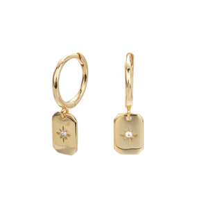 Detailed view of gold S925 sterling silver hoop earrings with starburst pendant and zircon