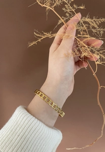Close-up of a vintage punk gold chain link bracelet worn on a wrist in a natural setting