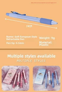 Detailed view of 0.5mm quick-dry gel pen specs with pink and blue themed stationery sets