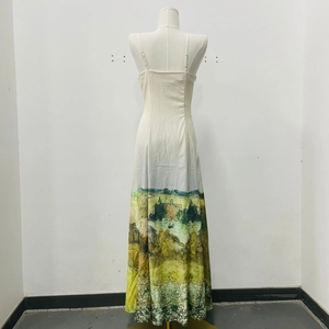 Detail of elegant floral print on A-line maxi dress with sleek spaghetti straps