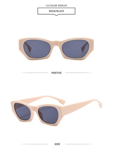Front and side views of vintage beige small frame sunglasses with dark lenses