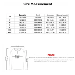Detailed size chart for men's linen long sleeve shirt with metric and inch measurements