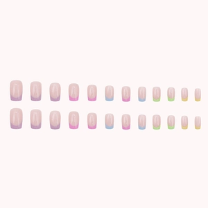 Rainbow French tip press-on nails with 24 pieces of colorful macaron square oval fake nails