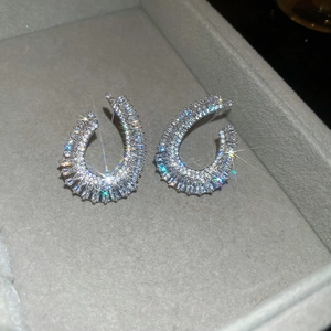 Close-up of horseshoe stud earrings with sparkling silver zircon stones on velvet box