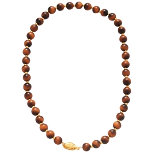 Tiger eye beaded necklace with gold spacers and lobster clasp on white background