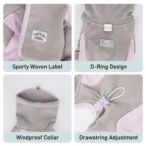 Gray knitted dog sweater with pink trim, metal D-ring, and adjustable high collar