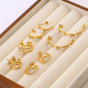 Boucles D'oreilles Géométriques Vintage Künstliche Perles Acier Inoxydable Plaqué Or 18K Zircon Accessoires Mode Pour Femmes