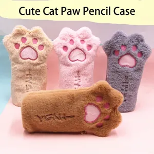 Cute Cat Paw Pencil Case Plush Large Capacity Stationery Bag Korean Style Embroidery Soft Zipper Storage Pouch For Student School Office