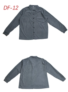 Front and back view of men's gray corduroy shirt jacket with workwear style chest pockets