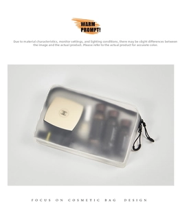 Macro view of a translucent frosted travel cosmetic bag with black zipper and trim